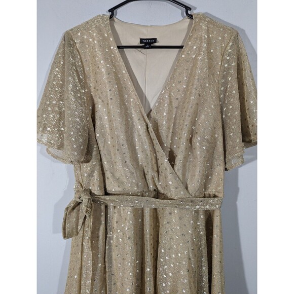 Torrid Gold Metallic Polka Dot Short Sleeve Faux Wrap Dress Women Plus Size 1X - Picture 6 of 9